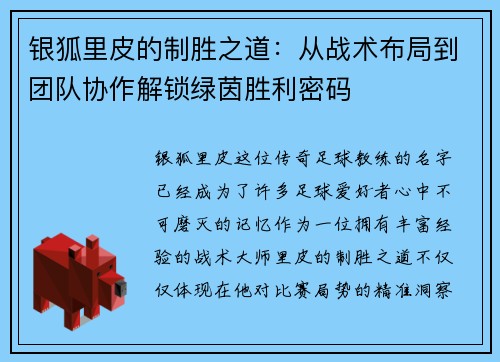 银狐里皮的制胜之道：从战术布局到团队协作解锁绿茵胜利密码