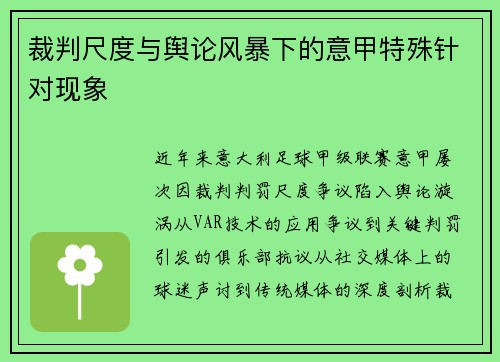 裁判尺度与舆论风暴下的意甲特殊针对现象